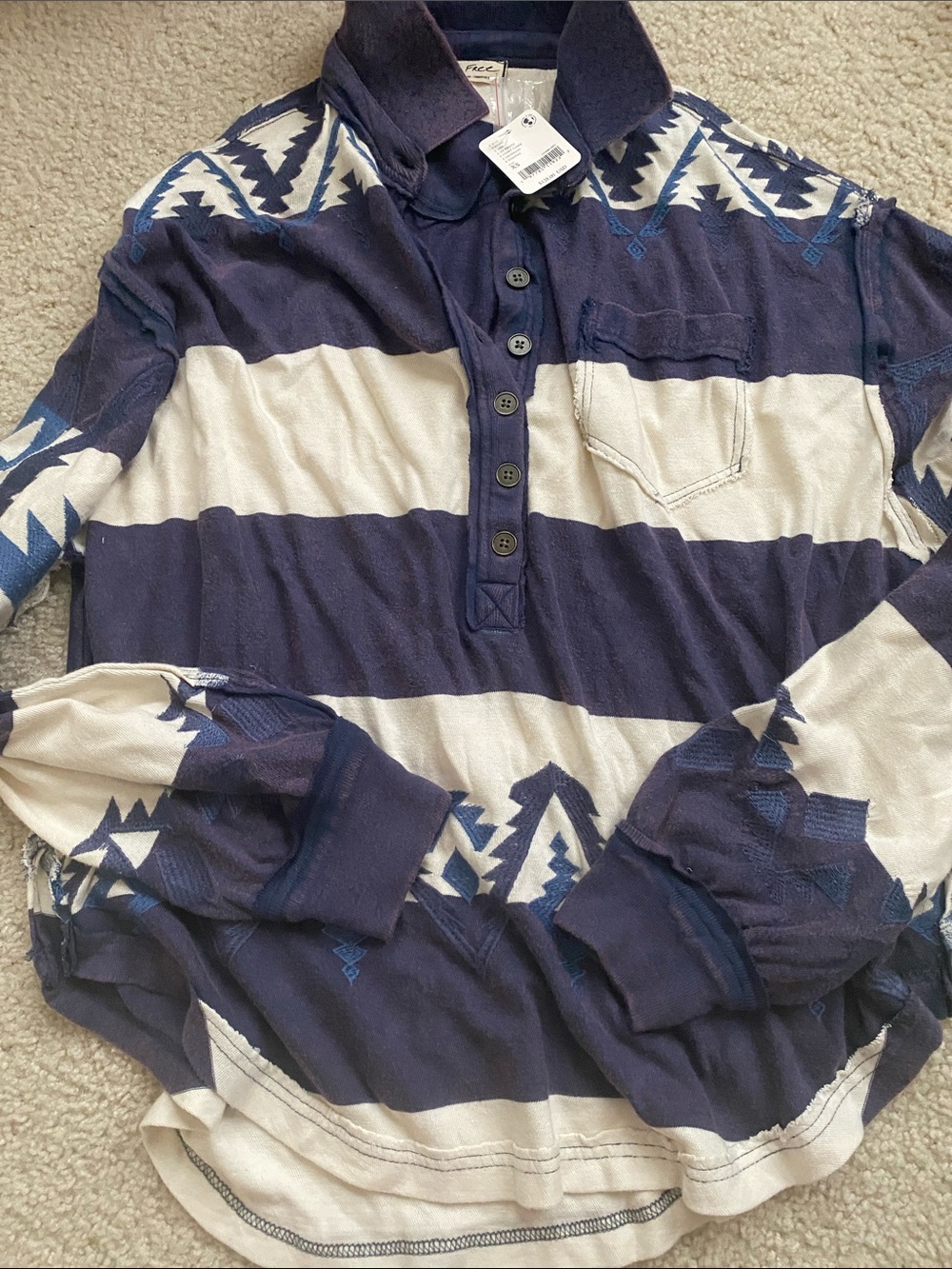 We the free new Striped Navy & Cream Aztec Henley ShirtXS